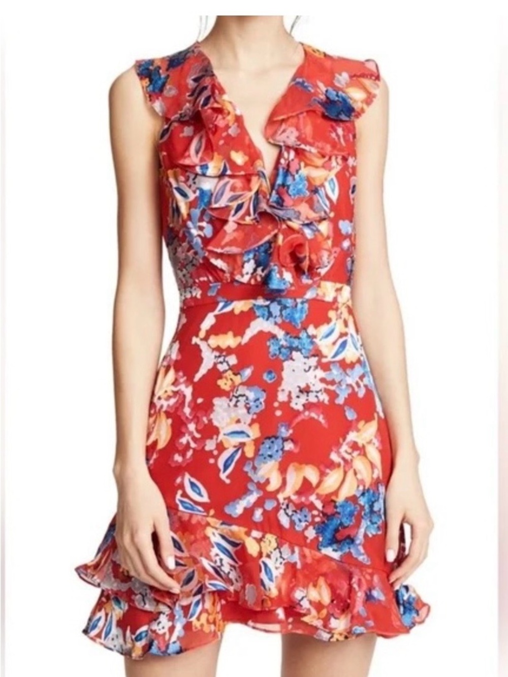 Saloni Red Floral Ruffle V-Neck Sleeveless Dress